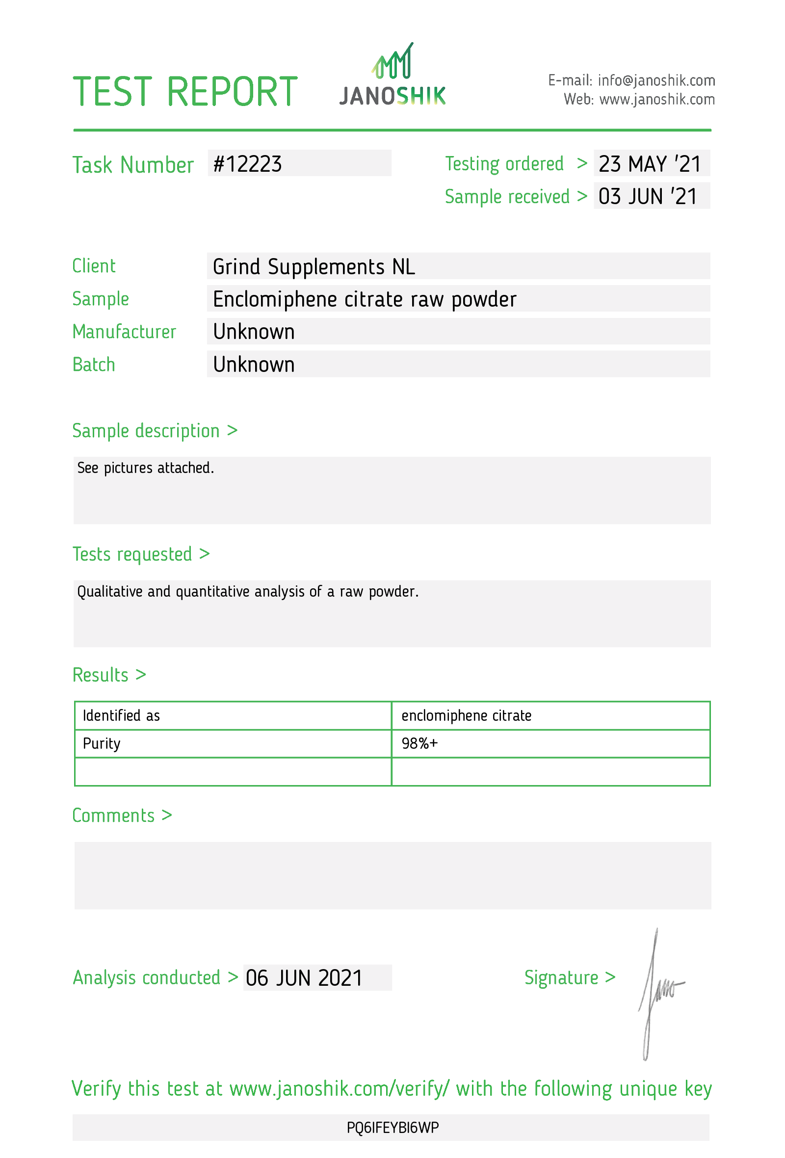 Grind Supplements Test Report #12223 Enclomiphene Citrate